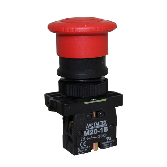 Botón de emergencia tipo hongo con traba plástico 1NC serie P20 - Amarillo