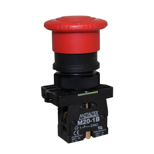 Botón de emergencia tipo hongo con traba plástico 1NC serie P20 - Rojo