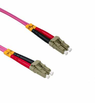 JF4LL100. Cable de interconexión de fibra óptica multimodo dúplex LC a LC de 100 metros, cubierta LSZH, núcleo de 50/125 µm y diámetro de 3 mm