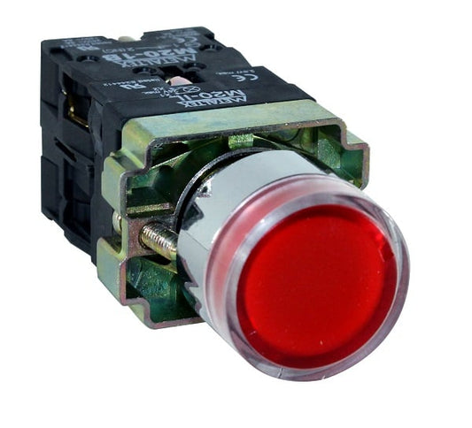 Pulsador momentáneo redondo metálico Iluminado 22mm 1NA+1NC Serie M20 - Rojo - Piloto LED 24VAC/DC