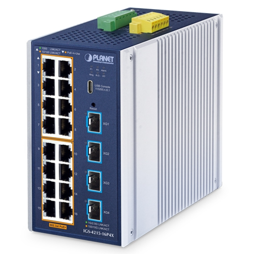 Conmutador Ethernet Gestionado Industrial IGS-4215-16P4X L2+ de 16 Puertos 10/100/1000T 802.3at PoE + 4 Puertos 10G SFP+