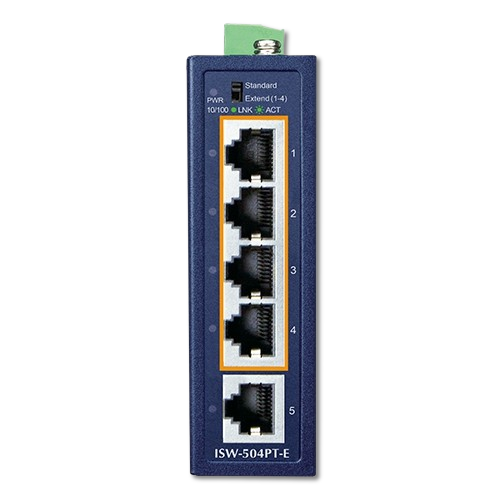 Switch Industrial Compacto 5 Puertos Fast Ethernet con 4 PoE+ PLANET ISW-504PT-E