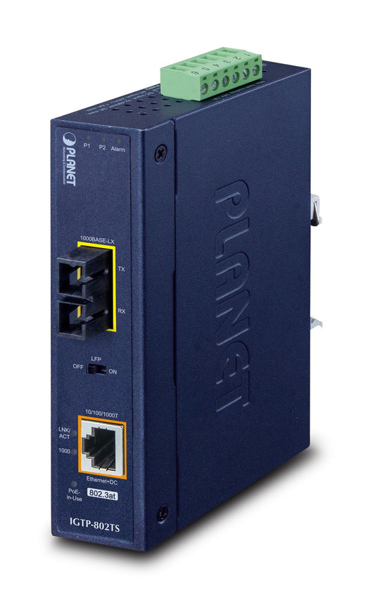 Conversor de Medios Industrial PoE+ de 1000BASE-X a 10/100/1000BASE-T 802.3at