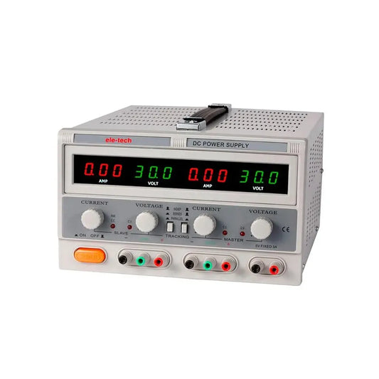 Alimentador Eléctrico Regulable Doble Canal Más Salida Auxiliar Fija ELE-TECH Pantalla Dual 30V 5A