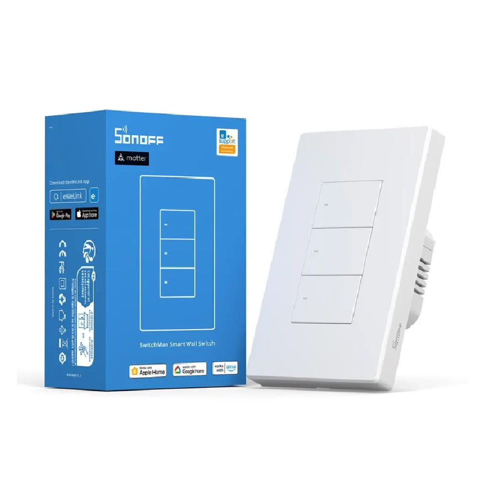 Conmutador Inteligente WiFi de Montaje Mural Sonoff SwitchMan M5 Acabado Blanco Triple Circuito Matter