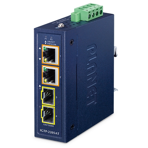Conversor de Medios Industrial Compacto de 2 Puertos 100/1000X SFP a 2 Puertos 10/100/1000T 802.3at PoE+