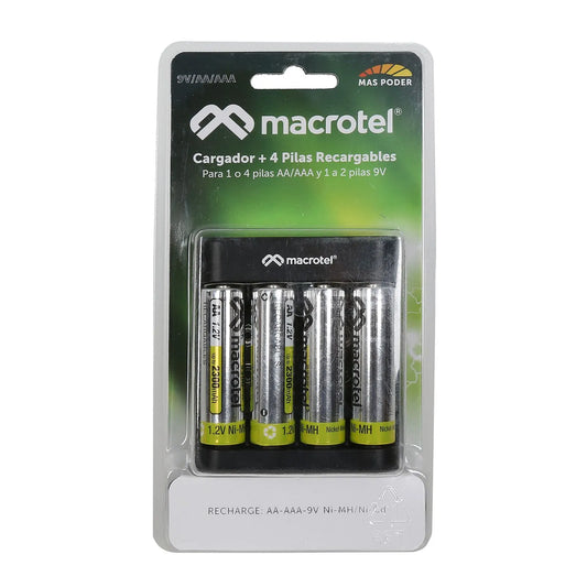 Dispositivo Cargador de Acumuladores + 4 Baterías de Tipo AA con Capacidad 2300mAh – Macrotel