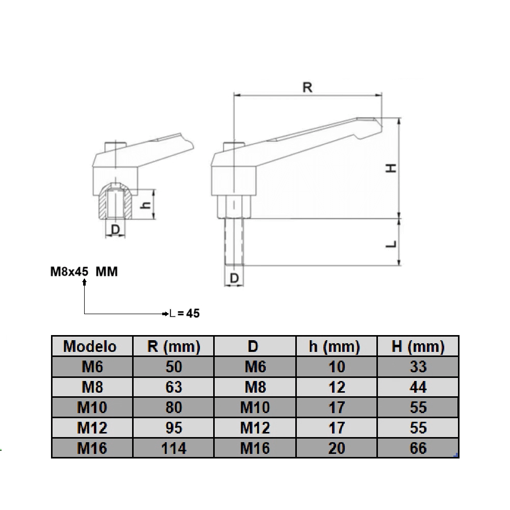 Manilla Sujeción Macho M10x45 mm