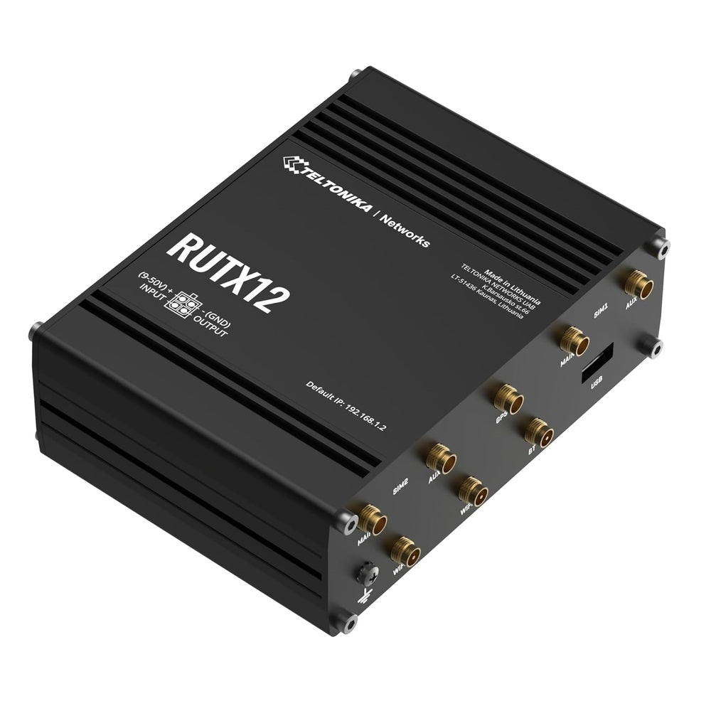Enrutador de Conectividad Celular Teltonika RUTX12 para Entornos Industriales con Tecnología 3G/4G Cat6, Red Inalámbrica Dual Banda (2.4/5Ghz), Doble Ranura SIM, Doble Módem, Posicionamiento Global y Conectividad Bluetooth con Entradas/Salidas Digitales