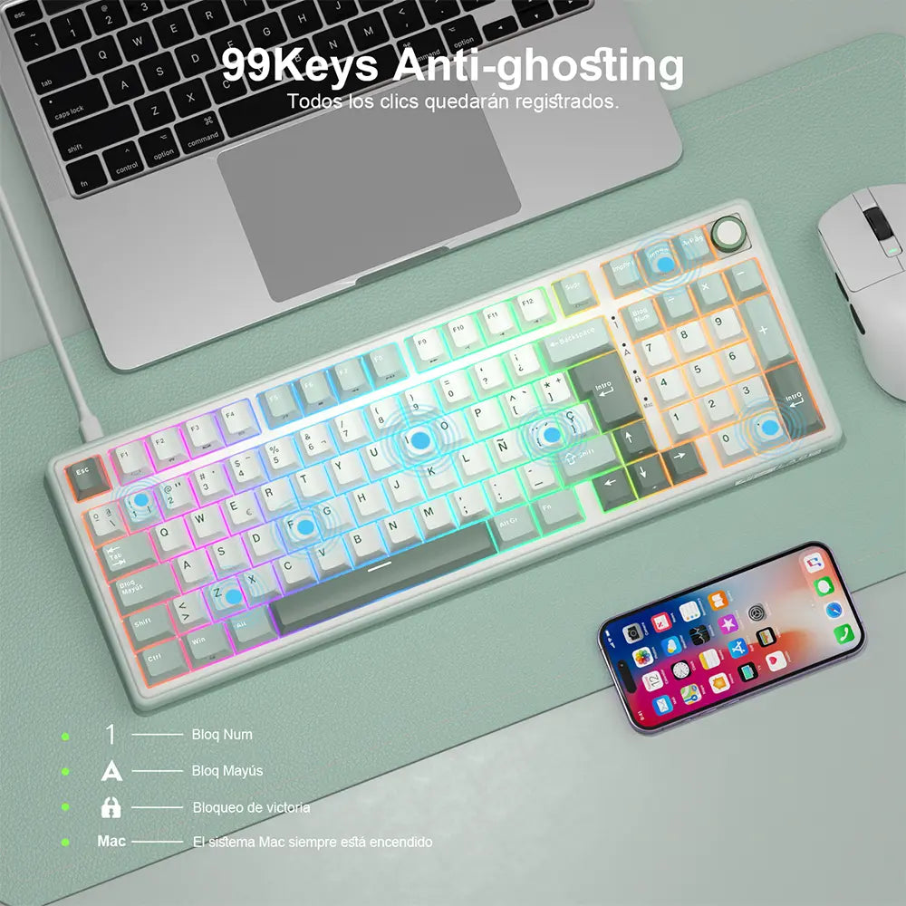 Teclado Mecánico Royal Kludge RK R98 Pro Skycyan con Iluminación RGB en Español y Conexión USB-C