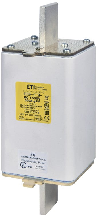 Fusible fotovoltáico NH3L 350A DC 1500V DC UL curva gPV, marca ETI (Europa)