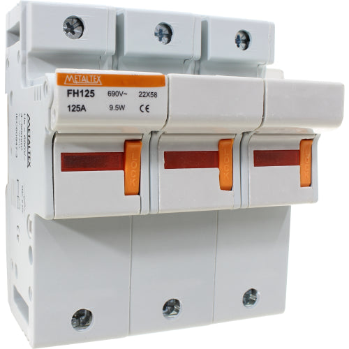 Portafusible metaltex 22x58mm 125A con identificador de fusible quemado serie FH - 3 Polos