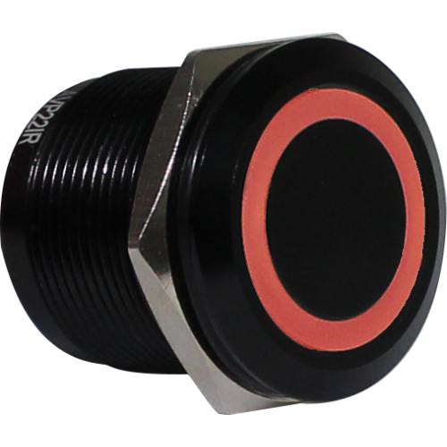 Botón antivandálico retentivo iluminado 19mm Serie AVI-R - Azul - Piloto LED 24VAC/DC - Metálico negro