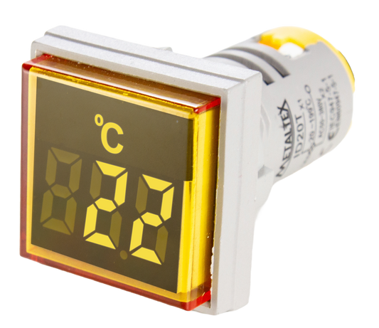 Indicador Digital Temperatura con sensor, 20-199C, 50-380VCA, 22mm, cuadrado - Amarillo