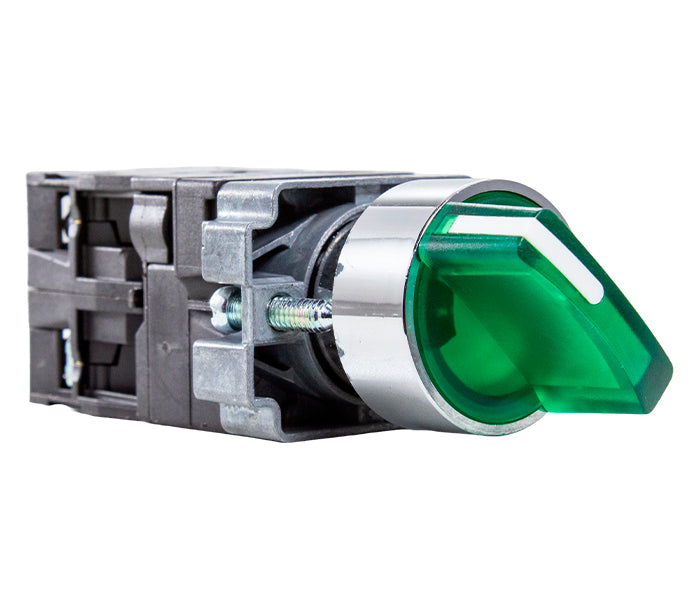 Selector iluminado, 3 posiciones fijas, 2 contactos NA, 24 VCA/VCC, color verde