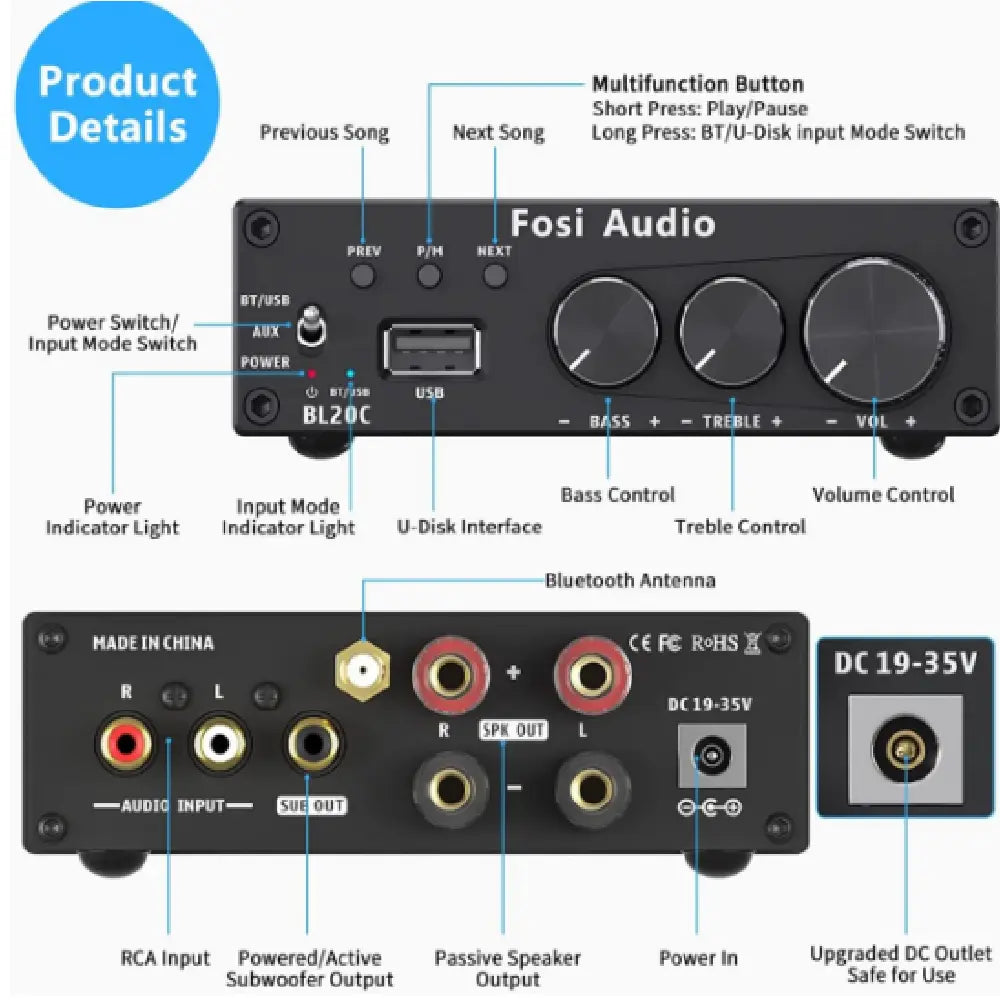 Amplificador de Potencia Sonora Fosi Audio BL20C Conectividad Bluetooth/USB/RCA 160W Estéreo