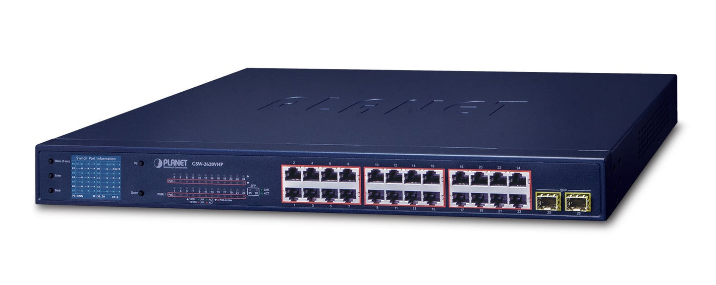 Switch Ethernet SFP Gigabit de 24 Puertos 10/100/1000T 802.3at + Monitor LCD PoE