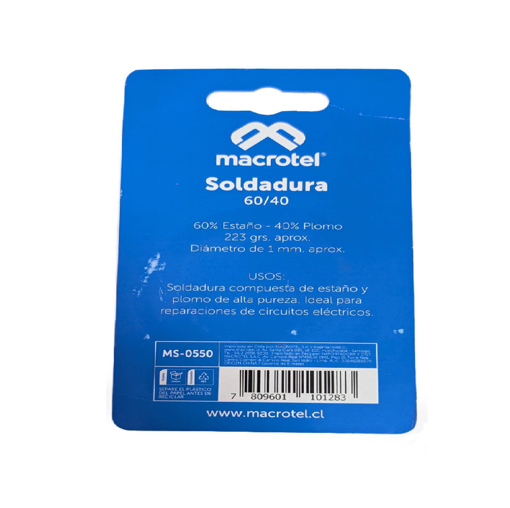 Estaño para Soldar Bobina 1mm/223g Aleación 60/40 – Macrotel MS-0550