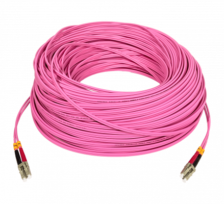 JF4LL100. Cable de interconexión de fibra óptica multimodo dúplex LC a LC de 100 metros, cubierta LSZH, núcleo de 50/125 µm y diámetro de 3 mm