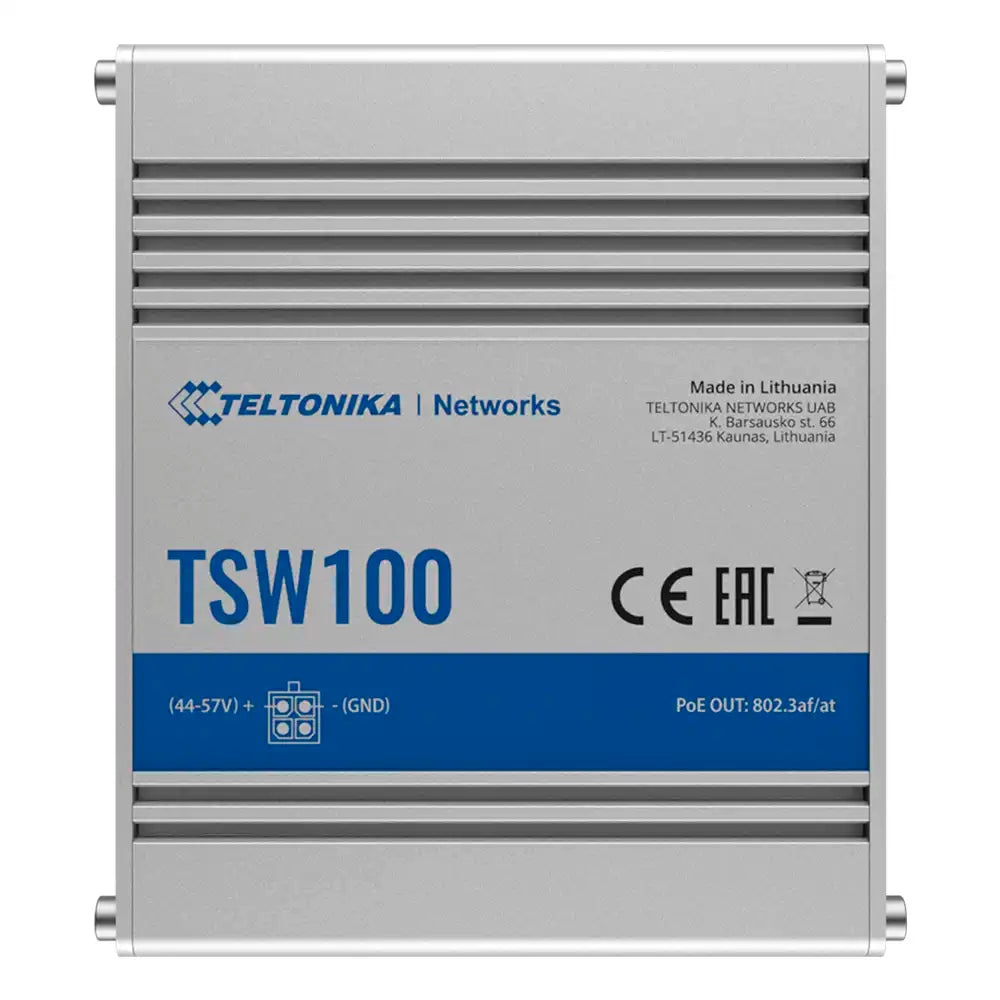 Conmutador de Red Industrial PoE Teltonika TSW100, 5 Puertos Ethernet 10/100/1000 Mbps con Inyección de Energía en Puertos 1-4