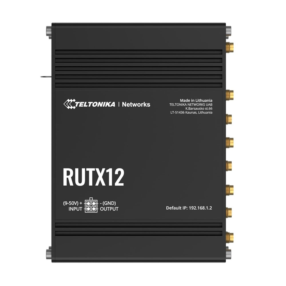 Enrutador de Conectividad Celular Teltonika RUTX12 para Entornos Industriales con Tecnología 3G/4G Cat6, Red Inalámbrica Dual Banda (2.4/5Ghz), Doble Ranura SIM, Doble Módem, Posicionamiento Global y Conectividad Bluetooth con Entradas/Salidas Digitales