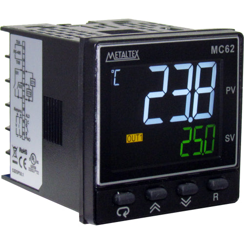 Controlador de temperatura universal 48x48mm 100-240VAC serie MC62 - RS485 MODBUS RTU - 1 Salida SSR 5V + 2 Alarma Relé