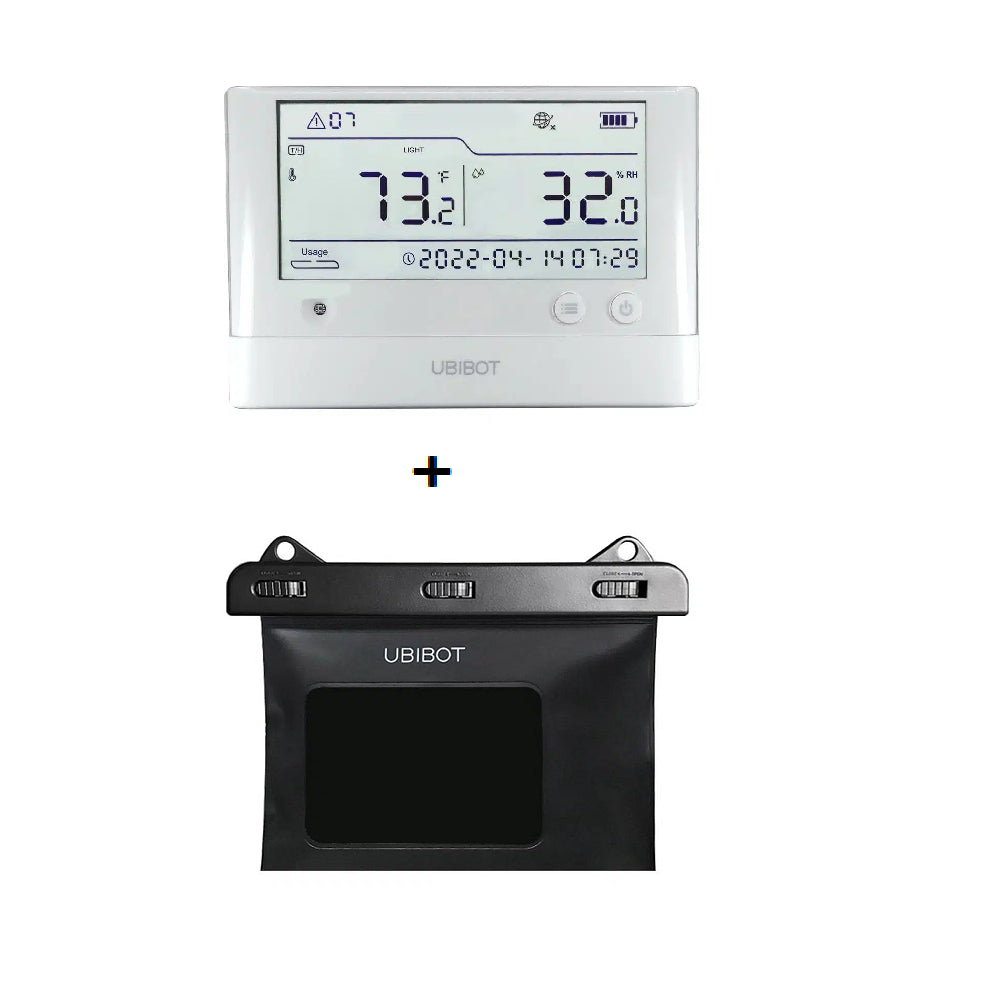 Equipo de vigilancia ambiental WS1 PRO para Temperatura, Humedad y Luminosidad de Ubibot incluye funda protectora