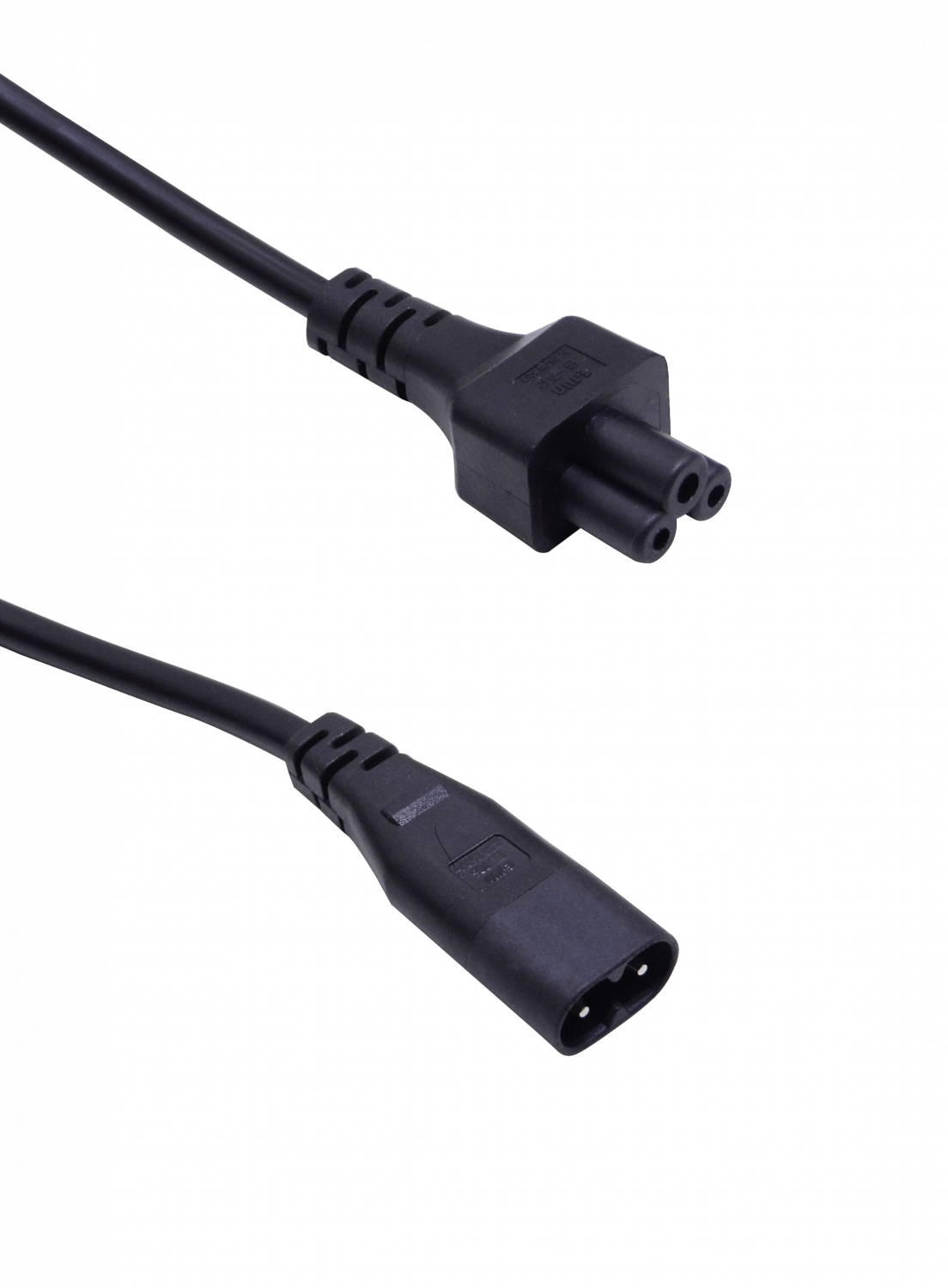 C8MT Cable de alimentación negro de 30cm con clavija en forma de ocho Macho (C8) a conector trébol Hembra (C5), calibre 3x0.75mm y capacidad de 10 amperios