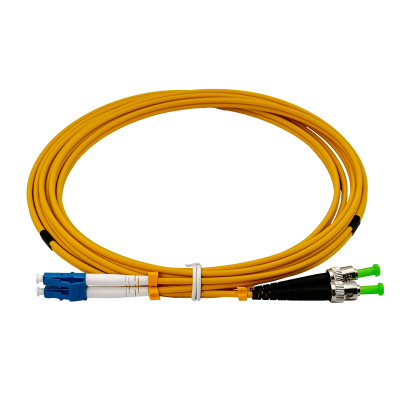 JFSLU3. Cable puente de fibra óptica monomodo SM dúplex de 3 metros con conectores LC/UPC a ST/APC, núcleo de 9/125 µm y cubierta de 3 mm