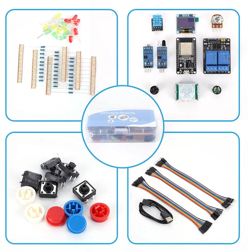 Conjunto de elementos y componentes de electrónica con plataforma microcontroladora ESP32