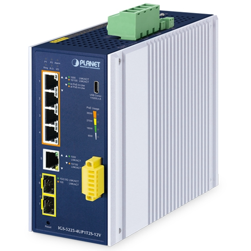 Switch Ethernet Gestionado Industrial IGS-5225-4UP1T2S-12V L2+ de 4 Puertos 10/100/1000T 802.3bt PoE + 1 Puerto 10/100/1000T + 2 Puertos 1G/2.5G SFP Con Amplificador de 12 V