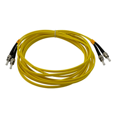 JFSTT5. Cable puente de fibra óptica monomodo SM dúplex de 5 metros, conectores ST a ST, núcleo de 9/125 µm y cubierta de 3 mm.