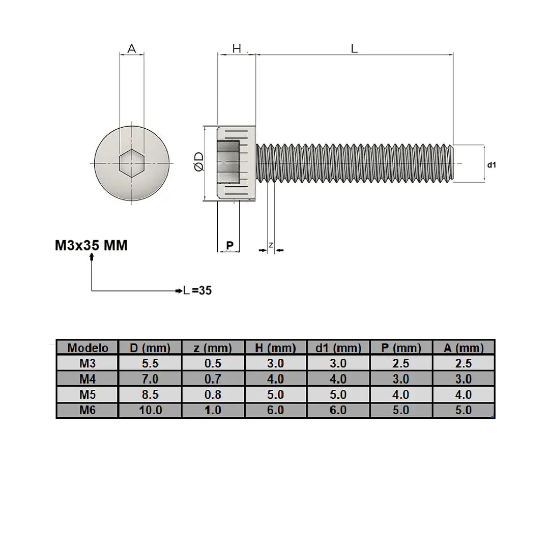 Tornillo hexagonal M3x6 mm cabeza redondeada (Lote 100 piezas)