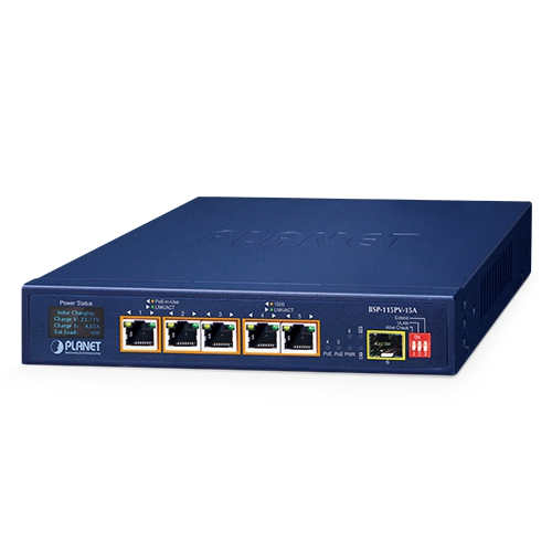 Conmutador PoE solar BSP-115PV-15A de 5 puertos 802.3at PoE+ con 1 puerto 1000X SFP y pantalla LCD
