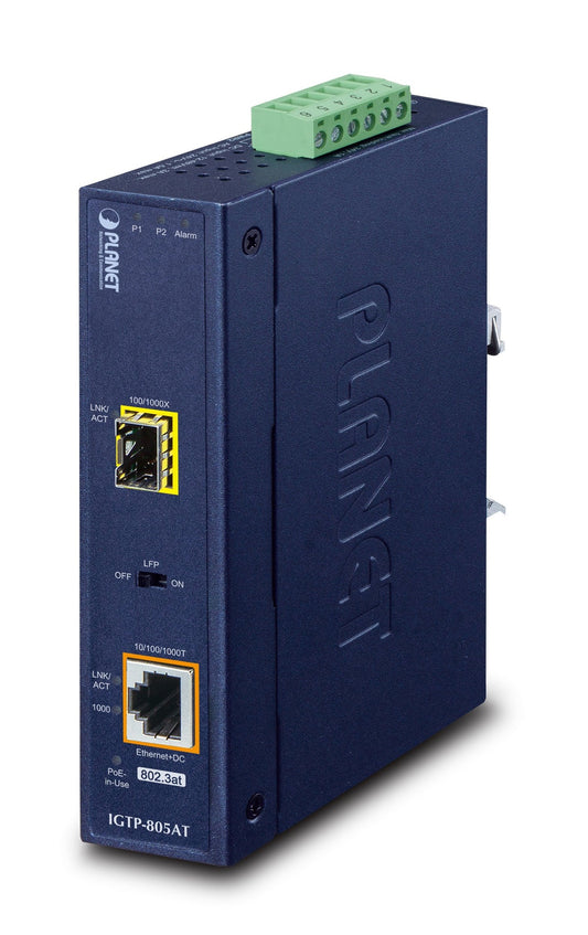 Conversor de Medios Industrial 1000BASE-SX/LX a 10/100/1000BASE-T 802.3at PoE+