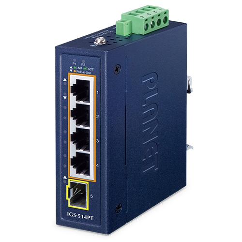 Switch Ethernet Industrial Compacto IGS-514PT de 4 Puertos 10/100/1000T 802.3at PoE + 1 Puerto 100/1000X SFP