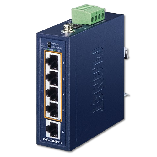 Switch Industrial Compacto 5 Puertos Fast Ethernet con 4 PoE+ PLANET ISW-504PT-E