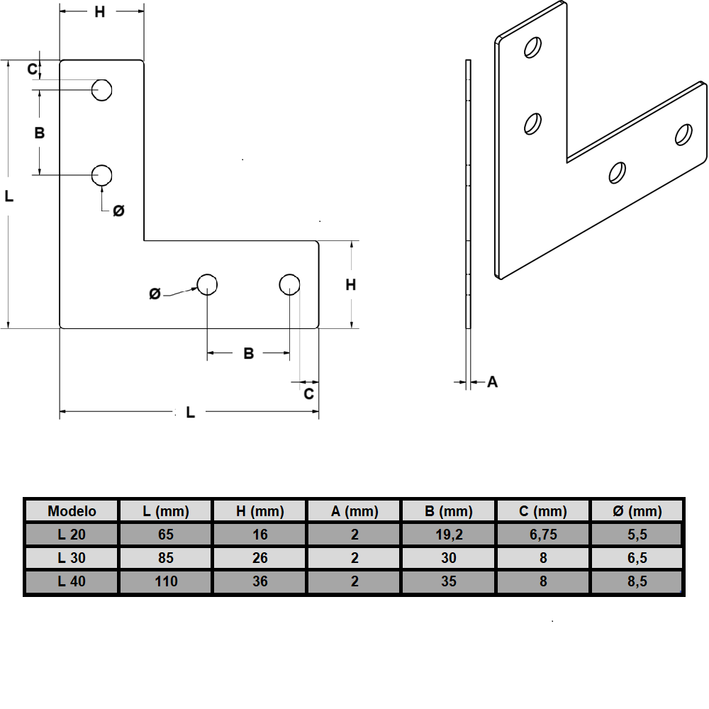 Soporte angular tipo L para perfil 30 mm acabado mate (2 piezas)