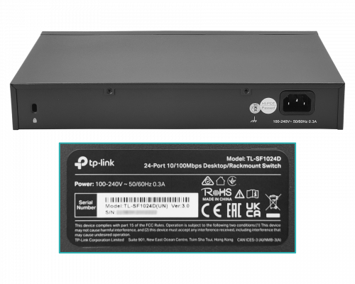 TL-SF1024D TP-LINK Conmutador 24 puertos 100 Mbps Slim No Administrable Montaje Rack Alimentación 220V Directa