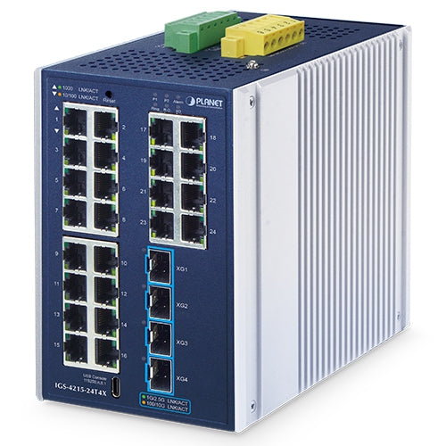 Industrial L2+ 24-Port 10/100/1000T + 4-Port 10G SFP+ Managed Ethernet Switch Industrial L2+ 24-Puerto 10/100/1000T+ 4-Puerto 10G SFP+ Switch Ethernet Administrado