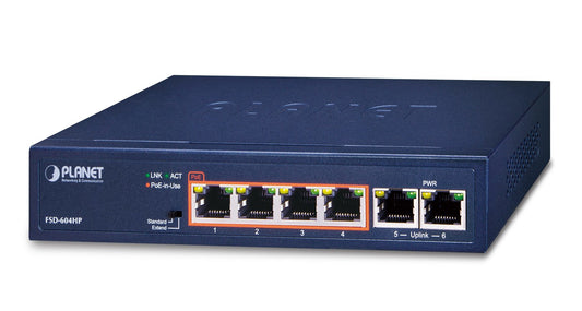 Switch de escritorio de 4 puertos 10/100TX 802.3af/at + 2 puertos 10/100TX