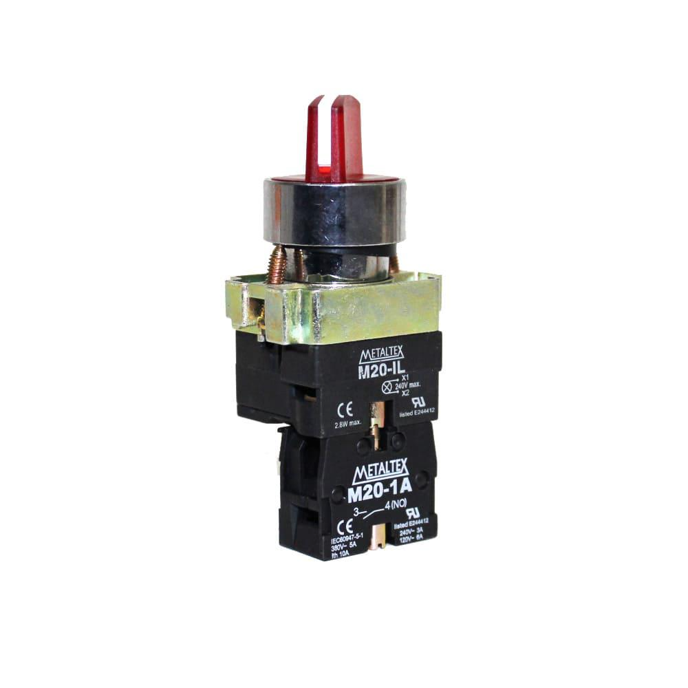 Selectora metálica iluminada knob corto 2 posiciones fijas 90G rojo 220V 1NA