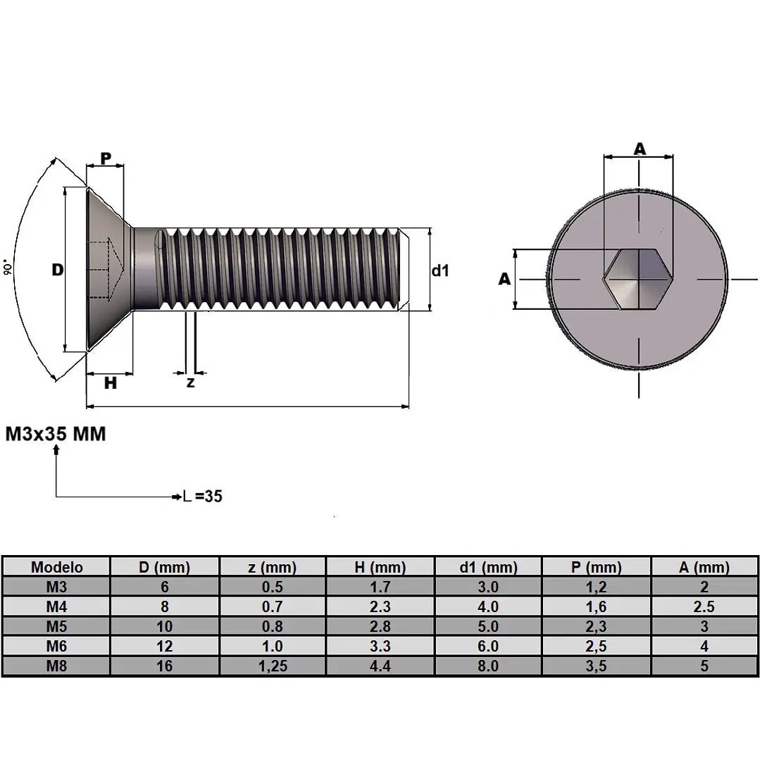 Tornillo prisionero M6x25 mm cabeza embutida (lote 50 piezas)