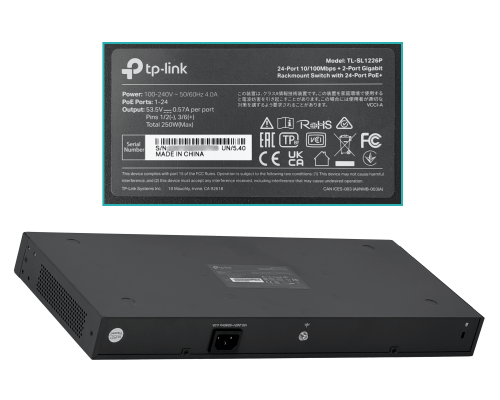 TL-SL1226P. TP-LINK 24 puertos 100-PoE+ 250W totales 2-1000 2-SFP Conmutador Rack no administrable