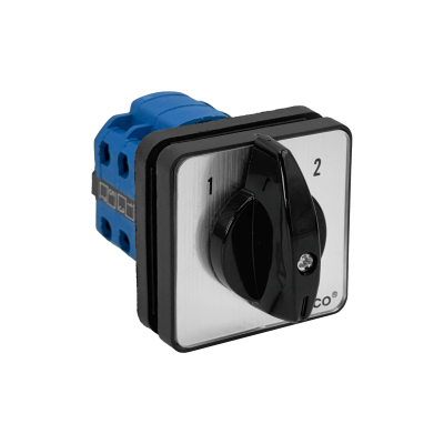 LW26-20. Selector rotativo bifásico 1-0-2 de 20 A, 680 V, 3 posiciones, conmutador de 50 x 50 mm y altura de 73 mm.