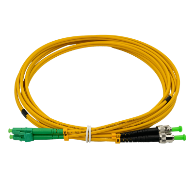 JFSBU3. Cable puente de fibra óptica monomodo dúplex LC/APC a ST/APC de 3 metros, núcleo 9/125 µm y cubierta de 3 mm.