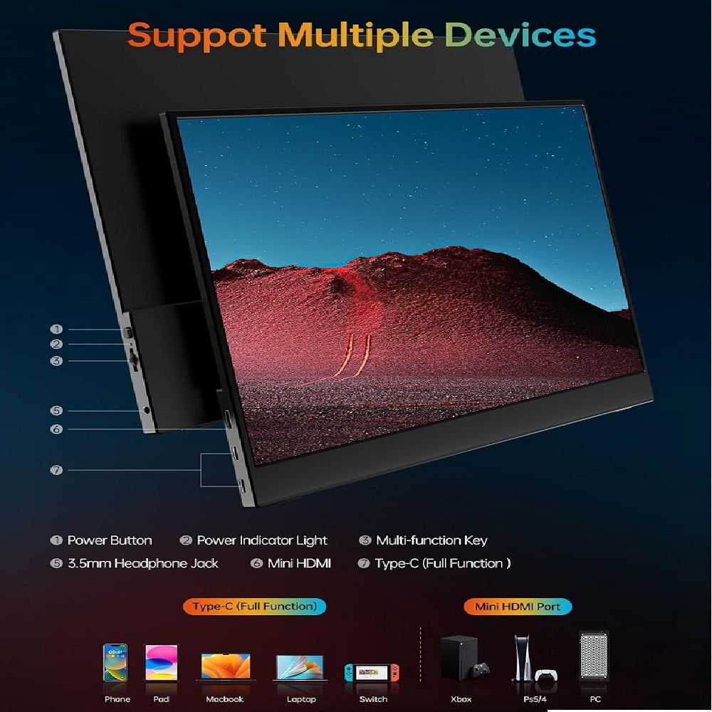 Pantalla Portátil Vilva 15,6″ Resolución 1080P FHD Tecnología IPS con Puertos USB-C HDMI Funda Protectora y Bocinas Acabado Negro