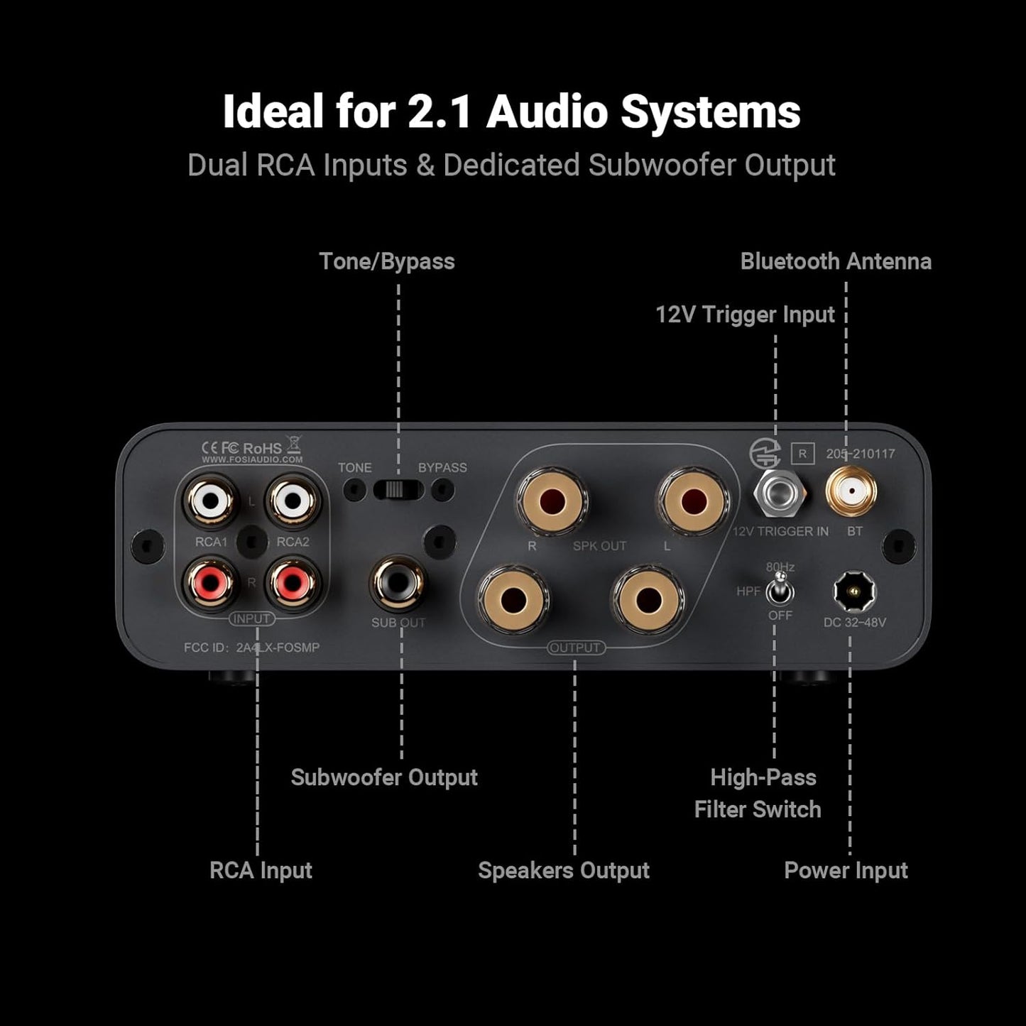 Amplificador de sonido inalámbrico Bluetooth de 300 vatios 2.1 canales con audio de alta resolución – Fosi Audio BT20A MAX incluye fuente de alimentación de 48V