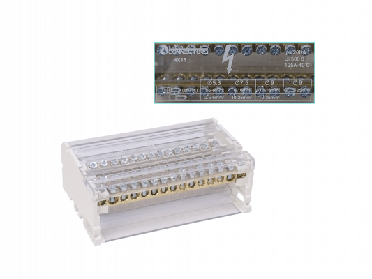 REPA-60. Distribuidor tetrapolar 4x15 de 125 A a 40 ºC, entradas 2x25 y 2x35, salidas 11x10 mm², referencia Art.6834