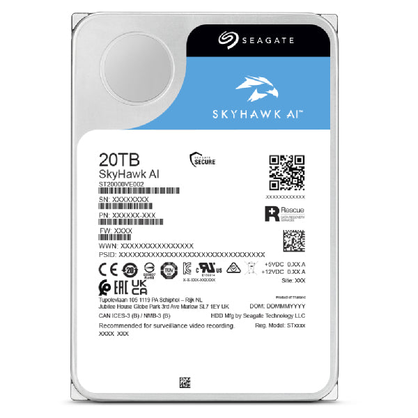 Seagate SkyHawk AI disco duro interno 20 TB 7200 RPM 512 MB 3.5" Serial ATA III